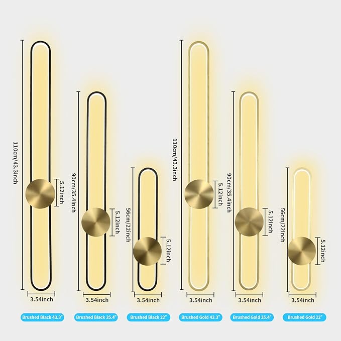 Modern Wall Sconce Dimmable 3000K/4000K/6000K LED Wall Light Fixture, Hardwired Wall Lamp for Living Room, Dining Room, Bedroom, Hallway, Lobby, Entryway (Brushed Gold, 22inch/H56cm)