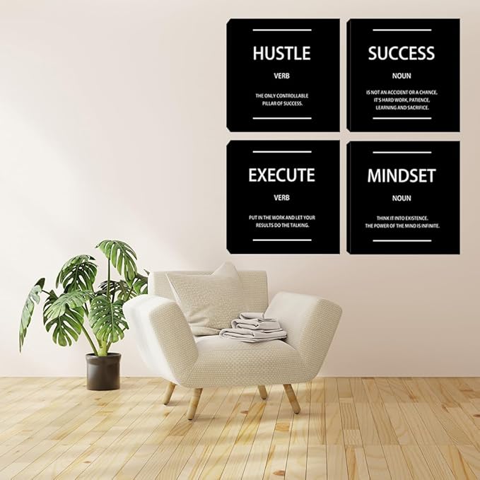 Motivational Hustle Wall Art Inspirational Mindset Canvas Poster Print Inspiring Entrepreneur Quotes Success Execute Office Wall Decor Black Set of 4 Picture Painting Framed Artwork for Living Room