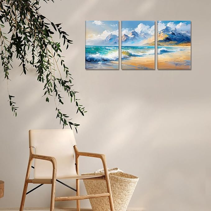 MAMAGO 3 Panels Blue Ocean Canvas Wall Decor Oil Painting Style Ocean Waves Print Picture Abstract Seascape Artwork for Living Room Bedroom Bathroom Modern Wall Art Framed Easy to Hang-12”x16”x3pcs