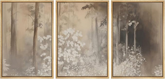 MUDECOR Framed Wall Art Print Set Neutral Forest Landscape Beige and Gray Watercolor Illustrations Realism Decorative for Living Room, Bedroom, Office - 24"x36"x3 Natural