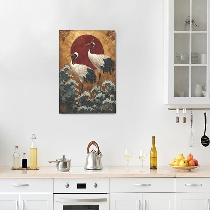 Japanese Crane Wall Art Gold Oriental Asian Wall Decor Sandhill Crane Canvas Pictures Paintings Prints Japan Traditional Aesthetic Artwork Framed Chinese Decorations For Bedroom Living Room Office Gifts 16" x 24"