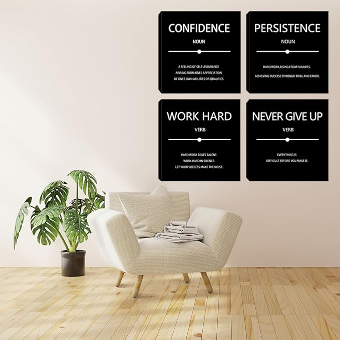 Motivational Wall Art Office Wall Decor 4 Pieces Inspirational Quotes Canvas Wall Art Poster Prints Framed Decoration Artwork for Office Living Room Bedroom Decor 12"x12"x4