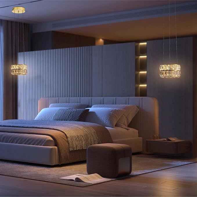 Led 7.8" Gold Ring Crystal Chandelier, Modern Dimmable Chandeliers Lighting and Hanging Adjustable, LED Round Ceiling Light Fixtures for Dining Room Living Room