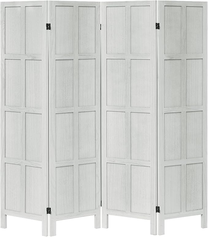 4 Panel Room Divider and Folding Privacy Screen, Classic 5.6Ft Wood Room Divider Wall, Partition Screen Divider for Room Separation for Home Office, Bedroom, Office, Dressing Room, White