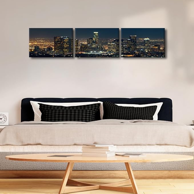 City Skyline Wall Art Cityscape Paintings Modern Decor Los Skyscrapers Night Scene Picture on Canvas for Home Decor Skyline at Dusk Landscape of City Night View Artwork for Living Room 14x60 Inch