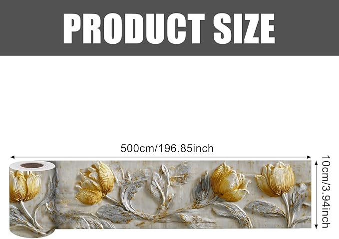 Nuxovilar Wallpaper Border Peel and Stick, Gold & White Tulip Floral Pattern Self-Adhesive Wallpaper, PVC 3.94×16.4 Ft, Ideal for Bedroom, Dining Room, Luxury Decor