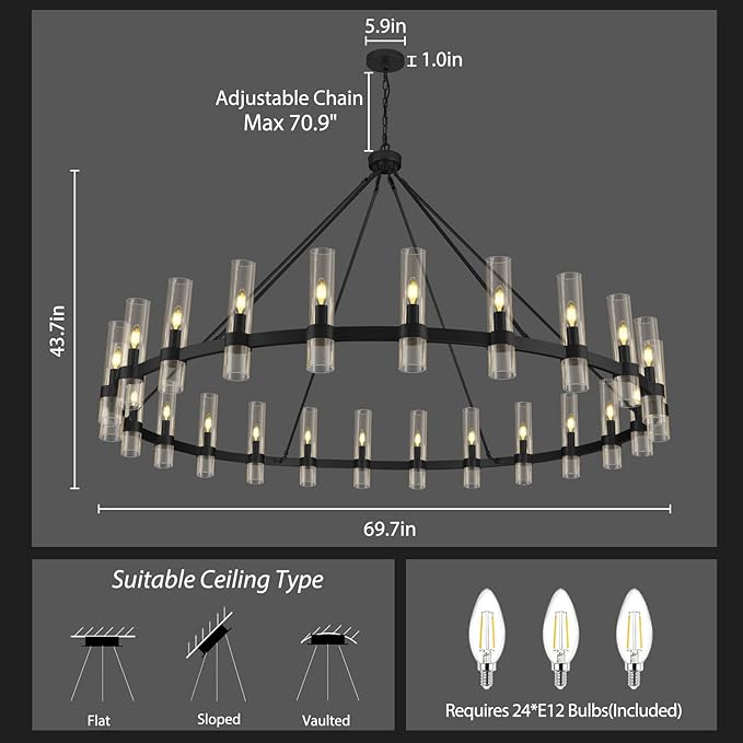 Black Wagon Wheel Chandelier 70 Inch, Large Chandeliers for High Ceilings, 24-Light Chandelier with Glass Shade, Modern Farmhouse Chandeliers for Living Room, Dining Room and Foyer(24 Bulbs Included)