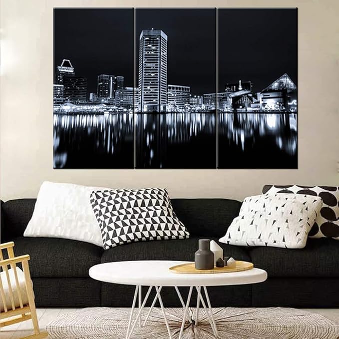 3 Pieces Modern Canvas Painting Wall Art the Picture for Home Decoration Panoramic View of Baltimore Skyline at Night in Black and White Place Cityscape Print On Canvas Giclee Artwork for Wall Decor