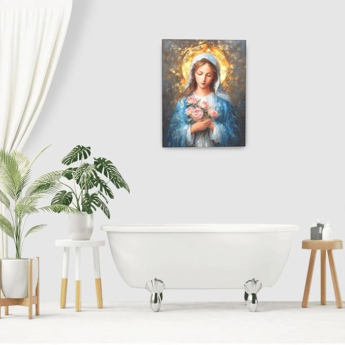 Christian Mary Wall Art Mary Mother Of God Canvas Wall Decor Catholic Blessed Mother with Roses Pictures Christ Paintings Prints Religious Bible Artwork Framed Decorations For Church Prayer Room Chapel Bathroom Bedroom Living Room Gifts 16" x 20"