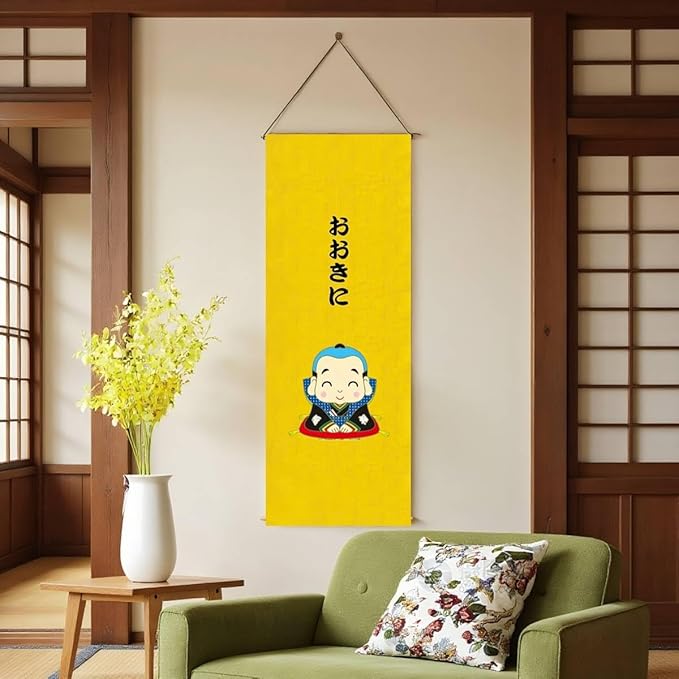 Japanese Tapestry Wall Art - Good Fortune Feng Shui & Lucky Symbols | W15.7xH47.2", Long Vertical Hanging Decor for Bedroom, Living Room, Office | Washable Fabric with Calming Zen Design (Little Monk)CTT-133