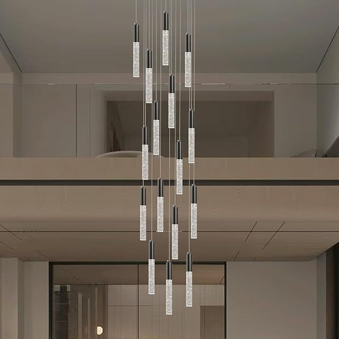 Modern Black Chandelier, Round Crystal Dimmable Hanging Lamp in Dark Bronze, Large Raindrop Pendant Lights for Dining Room Living Room Staircase Farmhouse