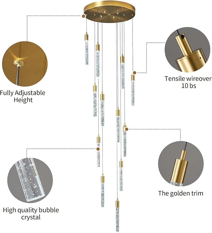 12-Light Modern Living Room Chandelier Gold Brass Finish Crystal Ceiling Pendant Lights LED Dimmable 72W 6000K Staircase Large Chandeliers for Entryway Lobby Foyer High Ceiling Chandeliers
