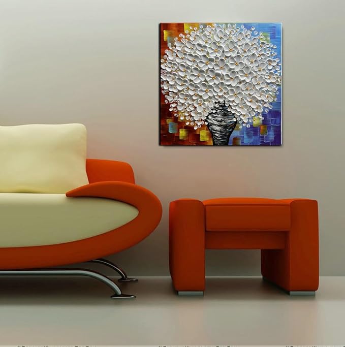 3D White Flower Bouquet Canvas Wall Art, Modern Textured Painting, Colorful Abstract Background, 30x30 inches