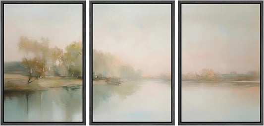 MUDECOR Framed Wall Art Print Set Soft Pastel Landscape Serene Waters and Reflections Illustrations Modern Art Boho Decorative Colorful Chic for Living Room, Bedroom, Office - 24"x36"x3 Black