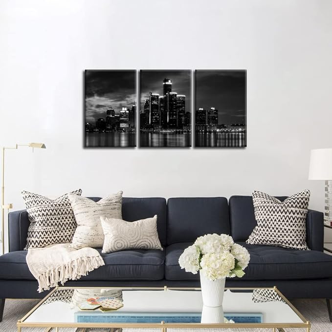 NAN Wind 3 Pcs Wall Art Beautiful Detroit Skyline Black & White Canvas Art Paintings For Room Decor Cityscape Skyscrapers Night Scene Picture Prints On Canvas For Home Decor Modern Giclee Framed