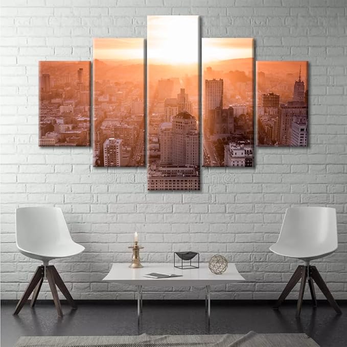 5 Pieces California Cityscape Home Decor Artwork Paintings Cityscape at Sunset Skyscraper Modern Artwork Print on Canvas Giclee Wooden Framed Gallery-Wrapped Ready to Hang (60" Wx40 H)