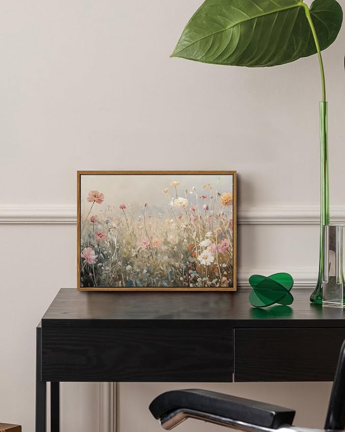 KISSFOX Vintage Summer Wildflower Framed Wall Art Flower Landscape Canvas Art Rustic Country Paintings Art Prints Modern Farmhouse Pictures Wall Decor For Kitchen Bedroom