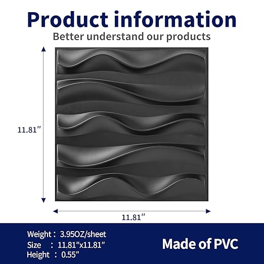 Art3dwallpanels 33 Pack 3D Wall Panels - Elegant Wave Textured Accent Wall Tiles, PVC Modern Wallpaper for Interior Décor, Black