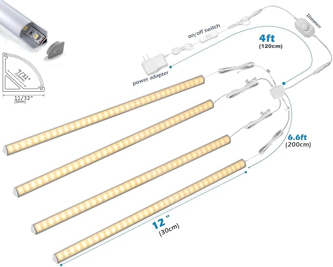 Cefrank V-Shape Under Cabinet Lighting Kit - 4pcs 12" Dimmable Slim LED Light Bars for Showcase Shelf Seamless Illumination - 1200lm, 12W - Warm White 3000K