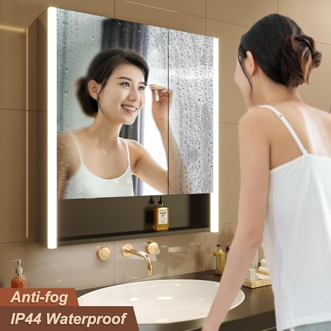 KWW LED Lighted Bathroom Medicine Cabinet with Sockets & USBs, Defogger, Dimmable, 3 Color Light Makeup Mirror, Easy to Install, Wall Mounted Cabinet (Two-Door, 31 * 34)