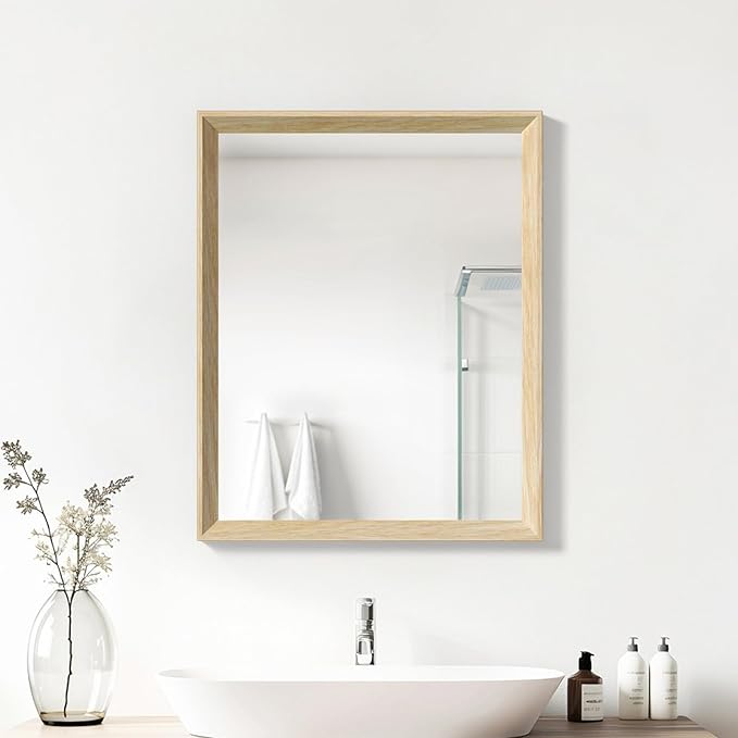 Oak Wood Effect Framed Wall Mirror, 16x20 Rectangle Mirror, 1/8" Anti-desilvering Tempered Glass, Sustainable&Sturdy Frame, Anti-Rust, HD Reflection &3min Fast Setup for Bathroom Living Room
