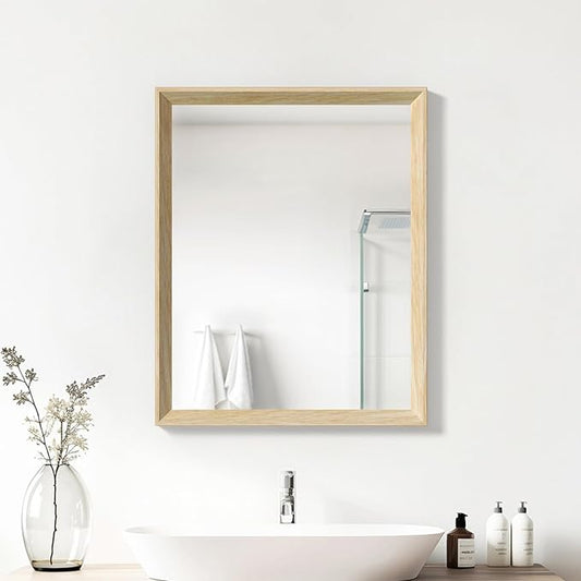 Oak Wood Effect Framed Wall Mirror, 16x20 Rectangle Mirror, 1/8" Anti-desilvering Tempered Glass, Sustainable&Sturdy Frame, Anti-Rust, HD Reflection &3min Fast Setup for Bathroom Living Room