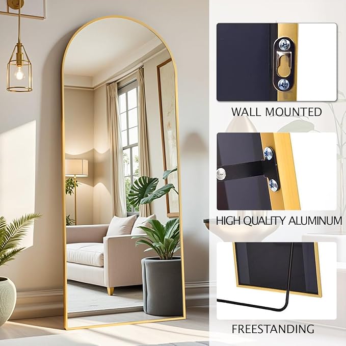 Arched Full Length Mirror, 65"x21" Gold Mirror with Stand, Full Body Mirrors for Leaning Against or Wall Mounted, Large Floor Mirrors for Bedroom, Living Room, Gold