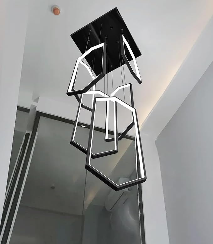 6-Rings Chandelier Modern, Black Contemporary LED Light for Living Room Entrance, Dimmable Flush Mount High Ceiling Chandeliers with Remote Control for Villa Foyer