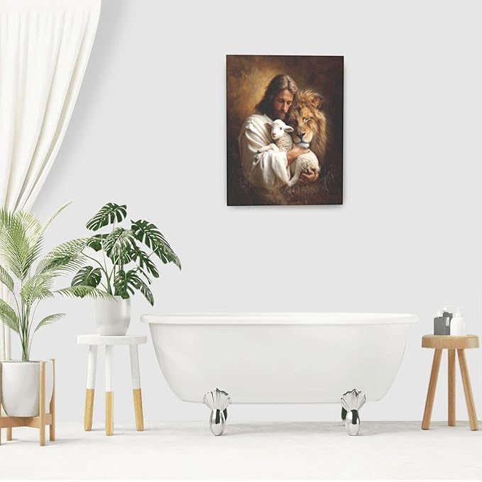 Jesus Lion Lamb Wall Art Christian Jesus Wall Decor Lion of Judah Pictures Religious God Canvas Painting Print Christ Artwork Decoration for Living Room Bedroom Church Framed Gifts 16”X20”
