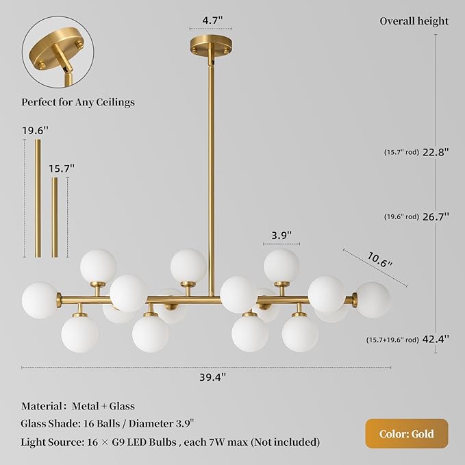 Mid Century Modern Sputnik Chandelier: 16-Light Globe Chandeliers over Table - White Glass Linear Chandelier Dining Room Light Fixture - Gold Brass Modern Chandeliers for Living Room Kitchen Island
