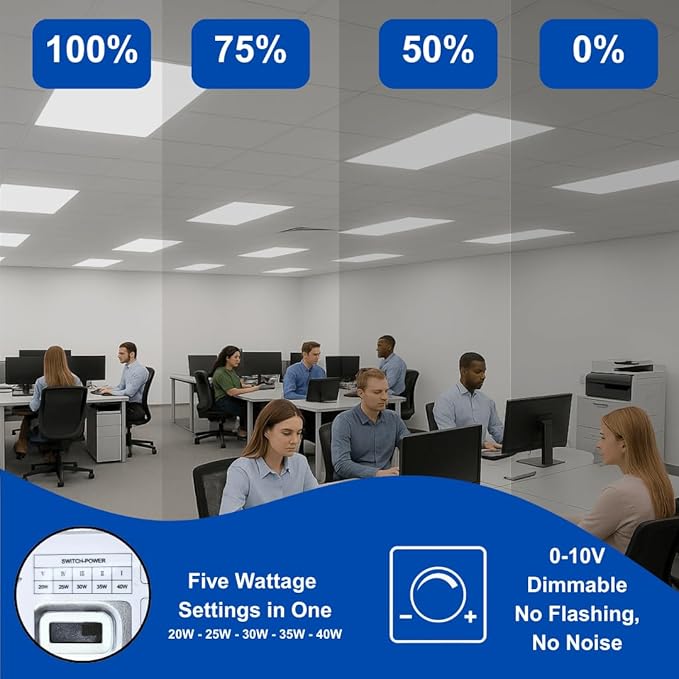 2 x 4 LED Flat Panel Lights - (Pack of 24) Dimmable Flicker-Free Ceiling Panels with 5 Color Temp Selection and 5 Wattage Selection for Drop Ceiling Light Fixtures