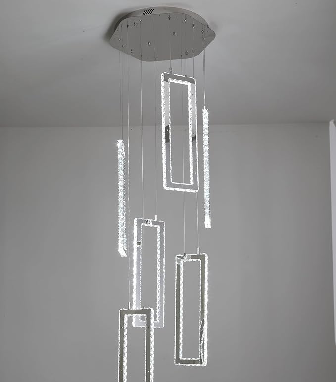 Modern Chandelier 6 Rings Silver Chandelier Lighting Fixture High Ceiling Chandelier Suitable for Living Room Staircase Villa