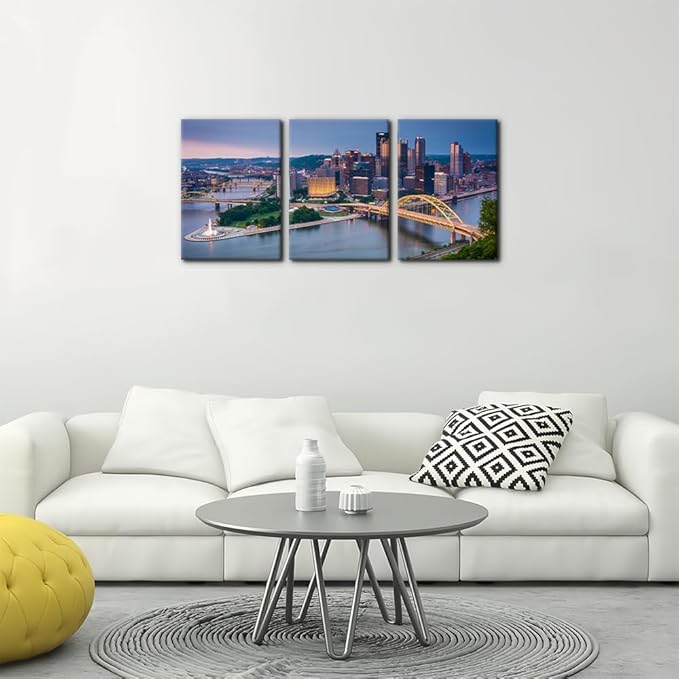 Pacimo Canvas Wall Decor for Living Room Bedroom Office Pittsburgh Cityscape Wall Art for Decorations Mount Washington Canvas Wall Prints City Skyline Picture for Home Decor Framed - 12"x16"x3 Panels