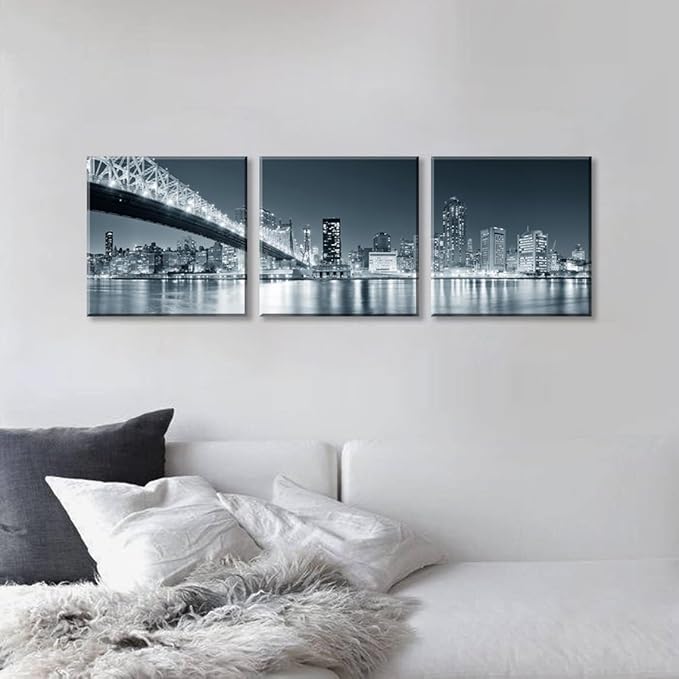 New York City Skyline Panoramic Canvas Art Black and White Brooklyn Bridge Night Scene 3 Panel Modern Urban Landscape Wall Decor Skyscrapers Reflection Print Living Room Office Bedroom Home Decoration