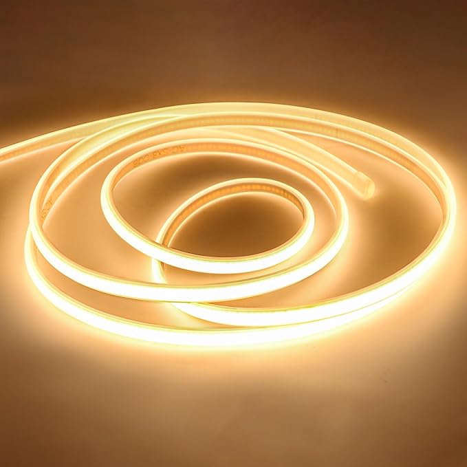 COB Led Strip Lights Waterproof IP67 3 M/9.84feet Cuttable LED Rope Lights 110 Volt Light Stip 320LEDs 3000K Super Bright Warm White with US Plug for Bedroom TV Ceiling Kitchen Cabinet Closet Mirror