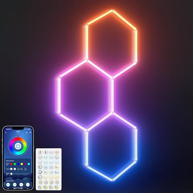 ALLYES Hexagon RGB Lights - Smart RGB LED Wall Lights with Music Sync, DIY Dimmable for Gaming Room, TV, Bedroom, Bar, Gym