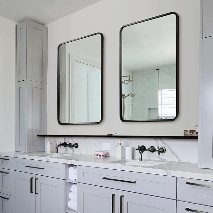 ANDY STAR Mirror for Bathroom 24X36 Inch, Matte Black Mirror Rounded Rectangle Mirror Metal Tube Framed Wall-Mounted Vertically/Horizontally
