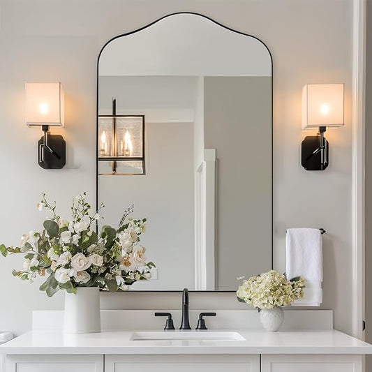 ANDY STAR Scalloped Arched Mirror, 22x35 Matte Black Irregular Wall Mirror for Bathroom Vanity with Metal Frame for Living Room, Entryway, Fireplace, Mantel, with Stainless Steel Frame