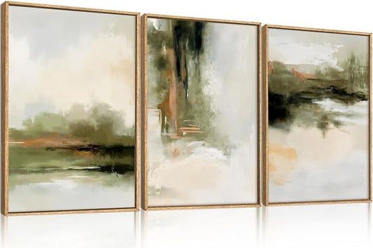 KAIRNE Green Abstract Neutral Framed Canvas Wall Art Set, Modern Watercolor Shapes Wall Decor, Minimalist Pastel Wall Painting, Brown, Gray Tan for Living Room, Bedroom, Office 16x24 Inch