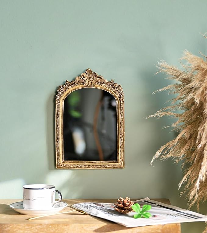 11” x 9.5” Small Gold Vintage Wall Mirror, Antique Gold Resin Baroque, Decorative Hanging & Tabletop