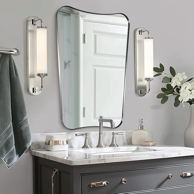 ANDY STAR Brushed Nickel Mirror, 24x36 Inch Scalloped Mirror, Unique Bathroom Mirror with Rust-Proof Stainless Steel Metal Frame, Ideal for Entryway, Powder Room