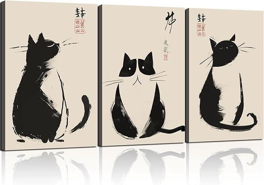 3Pcs Framed Black Cat Japanese Zen Ink Style Cute Funny Animal Wall Art Decor Canvas Print Picture Poster Gallery Bathroom Bedroom Living Room Office 12x16 Inch Ready to Hang