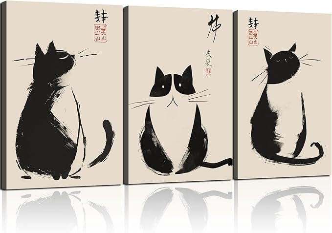 3Pcs Framed Black Cat Japanese Zen Ink Style Cute Funny Animal Wall Art Decor Canvas Print Picture Poster Gallery Bathroom Bedroom Living Room Office 16x24 Inch Ready to Hang