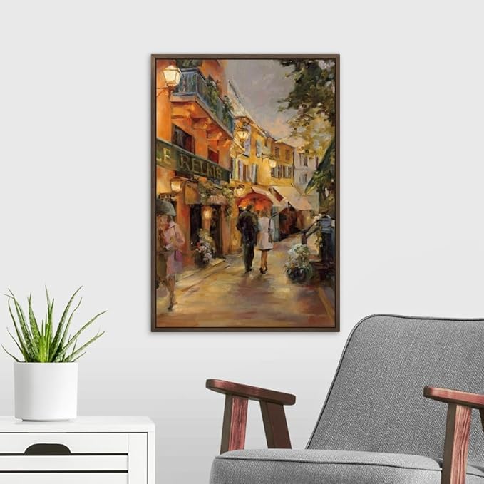 CANVAS ON DEMAND Evening in Paris Walnut Float Framed Canvas Wall Art Print by Marilyn Hageman, Traditional, Home Decor, Street Scene Artwork, Nature Artwork, 16" x24in