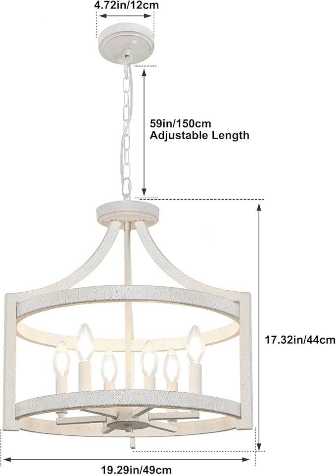 6-Light Farmhouse Chandelier, Distressed Hanging Pendant Lighting, Convertible Semi Flush Mount Ceiling Light Fixture Vintage White Metal Chandeliers for Dining Room Kitchen Foyer Entryway