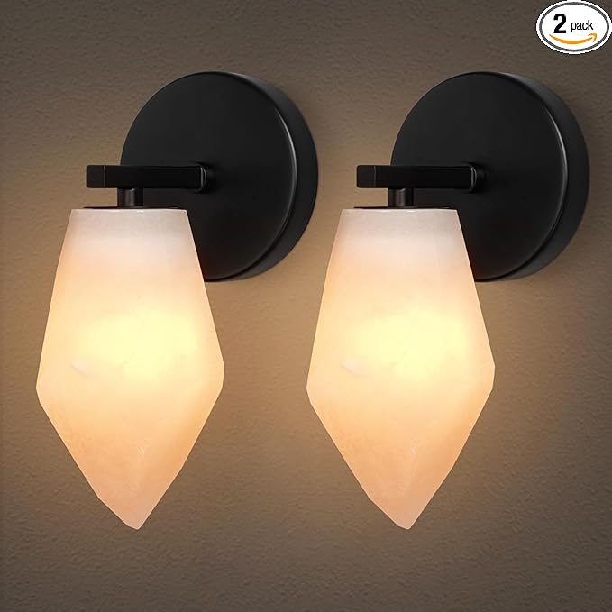 Alabaster Wall Sconce Set of Two, Spanish Marble Wall Light, Modern Wall Sconce for Bedroom, Hardwired Wall Lighting for Living Room, Wall Lamp for Bathroom Hallway Stairs, Black