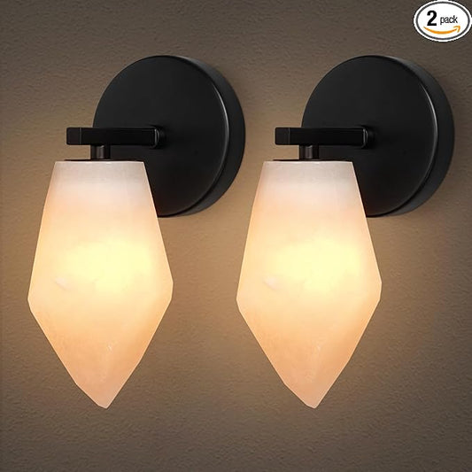 Alabaster Wall Sconce Set of Two, Spanish Marble Wall Light, Modern Wall Sconce for Bedroom, Hardwired Wall Lighting for Living Room, Wall Lamp for Bathroom Hallway Stairs, Black