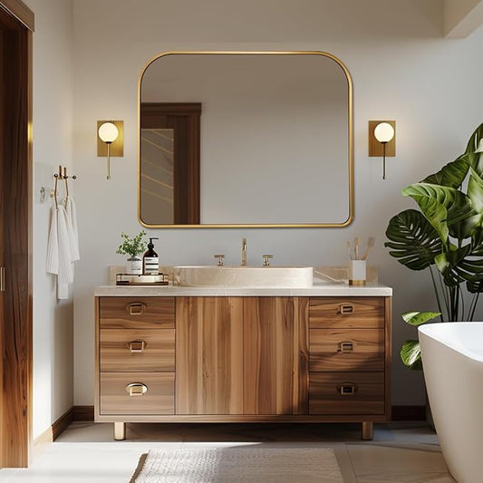 ANDY STAR 36x30'' Brushed Brass Arched Mirror, Modern Arched Mantel Rectangular Mirror Rounded Corner for Fireplace, Bathroom, Powder Room in 1 inch Anti-Rust SUS304 Tube Metal Frame Wall Mounted