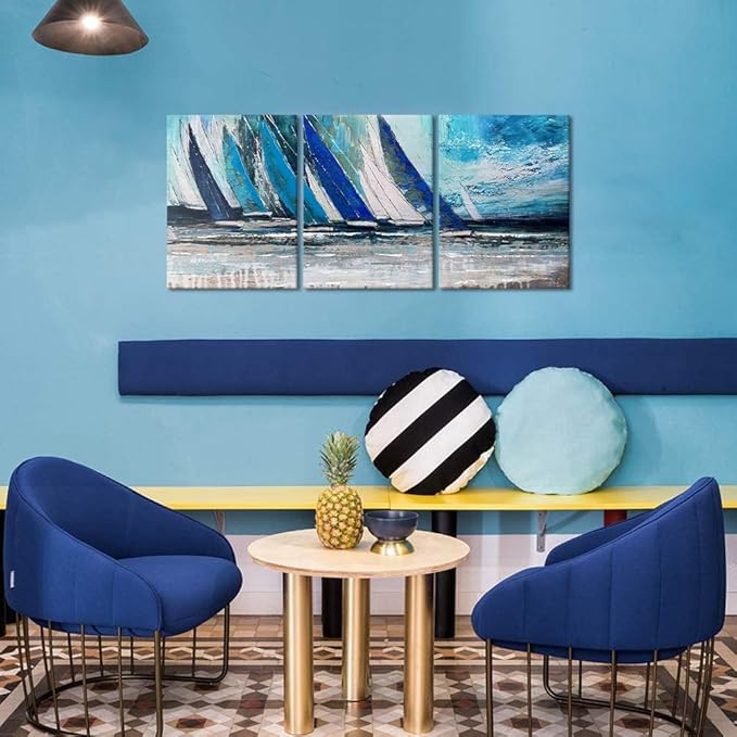 MAMAGO Blue Wall Art - 3 Panels Abstract Canvas Decor Painting Seascape Poster Textured Navy Blue Modern Sailboat Ocean Artwork for Bedroom Framed Easy to Hang - 12" W x 16" Hx3pcs