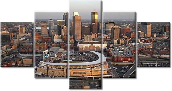 5 Pieces Minnesota Skyline Pictures Canvas Wall Art Minneapolis Cityscape Wall Decor for Living Room Aerial View Minneapolis City Panorama Modern Artwork Print on Canvas Ready to Hang (60"Wx32"H)